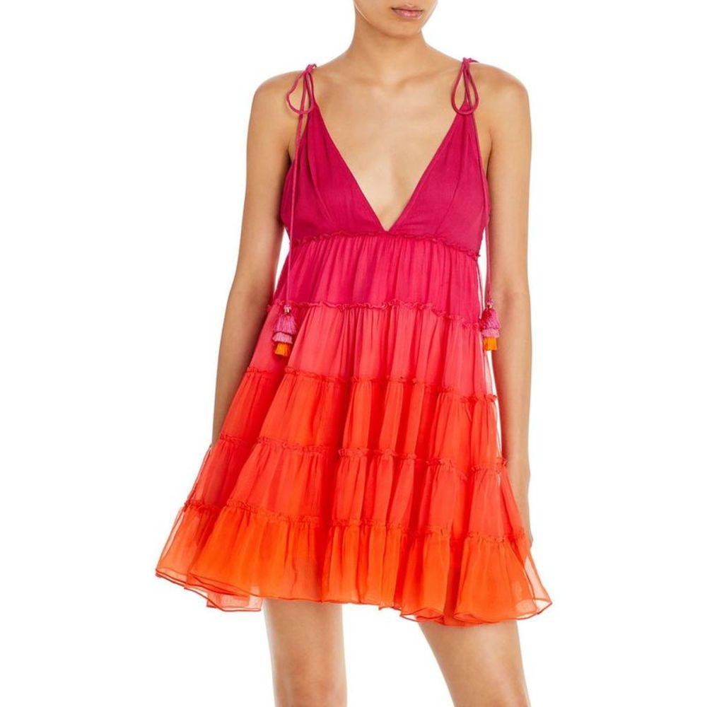 Rococo Sand Womens Red Tiered Pom-Pom Strap Fit & Flare Dress NWT